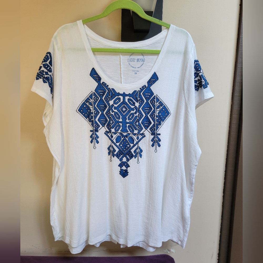 NWOT Lucky Brand Embroidered Aztec Printed White Gauze Top ' 3X